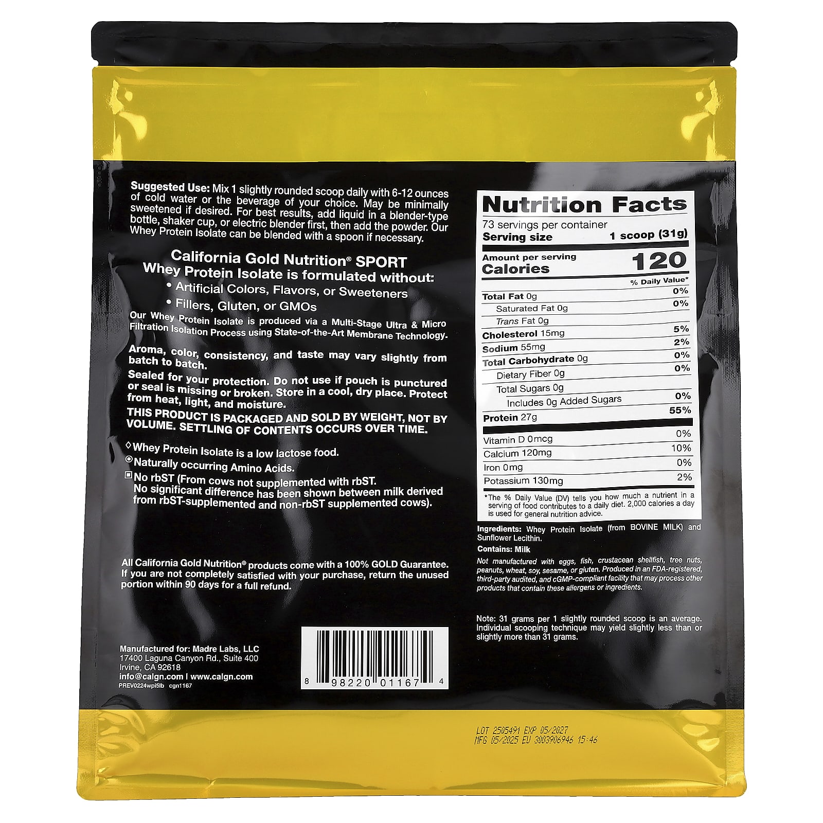 California Gold Nutrition, Sport, Whey Protein Isolate, Unflavored, 5 lb (2.27 kg) - Image 2