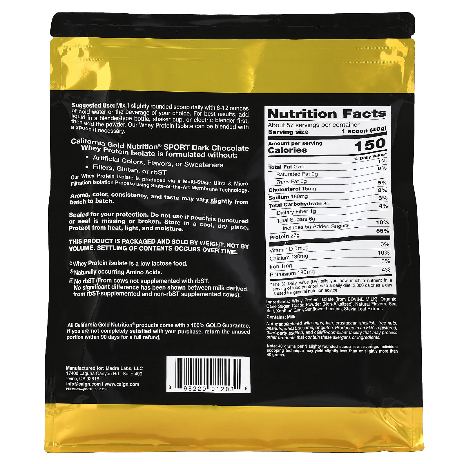 California Gold Nutrition, Sport, Whey Protein Isolate, Dark Chocolate, 5 lb (2.27 kg) - Image 2