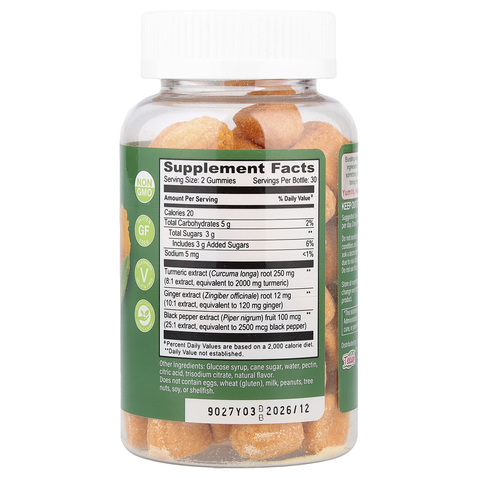 YumVs, Turmeric Curcumin With Ginger & Piperine Gummies, Peach, 60 Gummies - Image 2