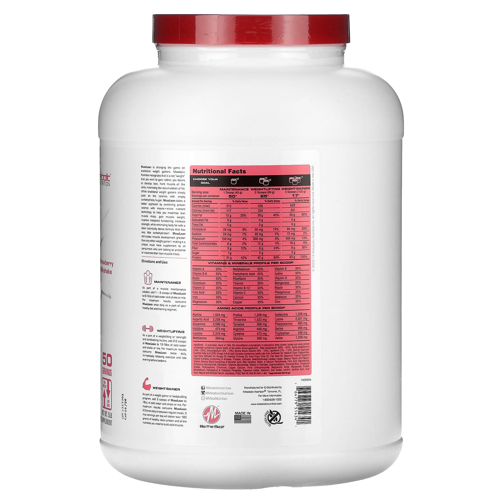 Metabolic Nutrition, MuscLean, Lean Muscle Weight Gainer, Strawberry Milkshake, 5 lb - Image 2