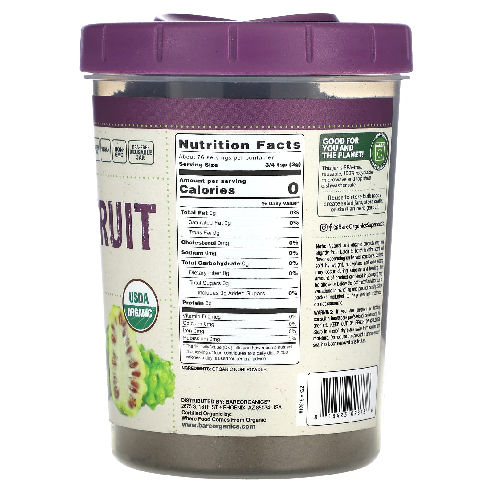 BareOrganics, Raw Organic Noni Fruit Powder, 8 oz (227 g) - Image 2
