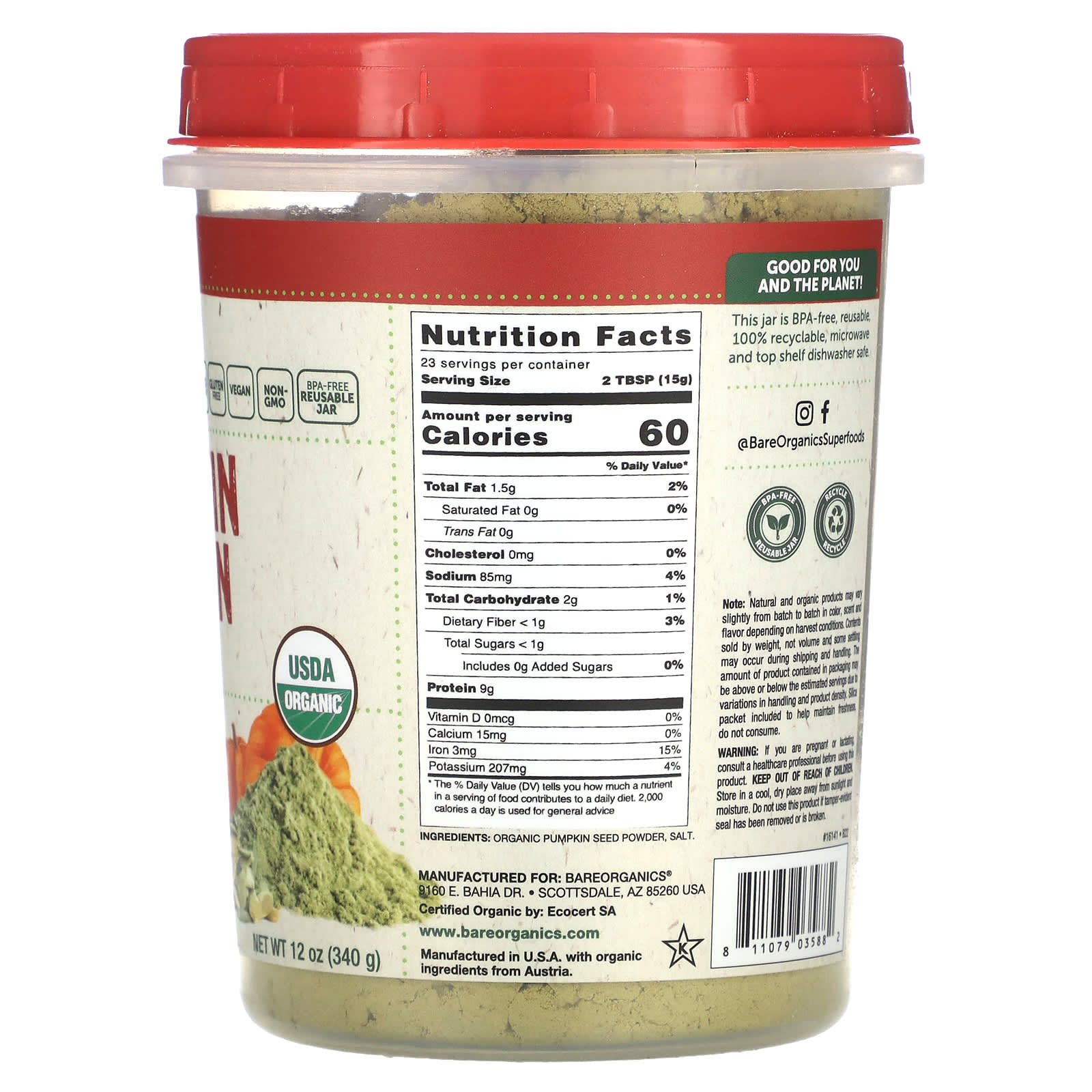 BareOrganics, Roasted Organic Pumpkin Protein Powder, 12 oz (340 g) - Image 2