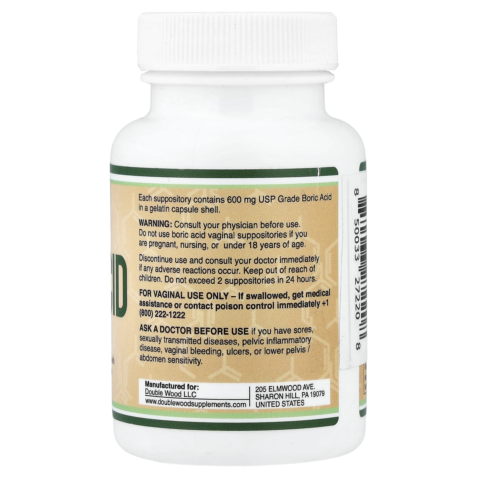 Double Wood Supplements, Boric Acid, 60 Vaginal Suppositories - Image 2