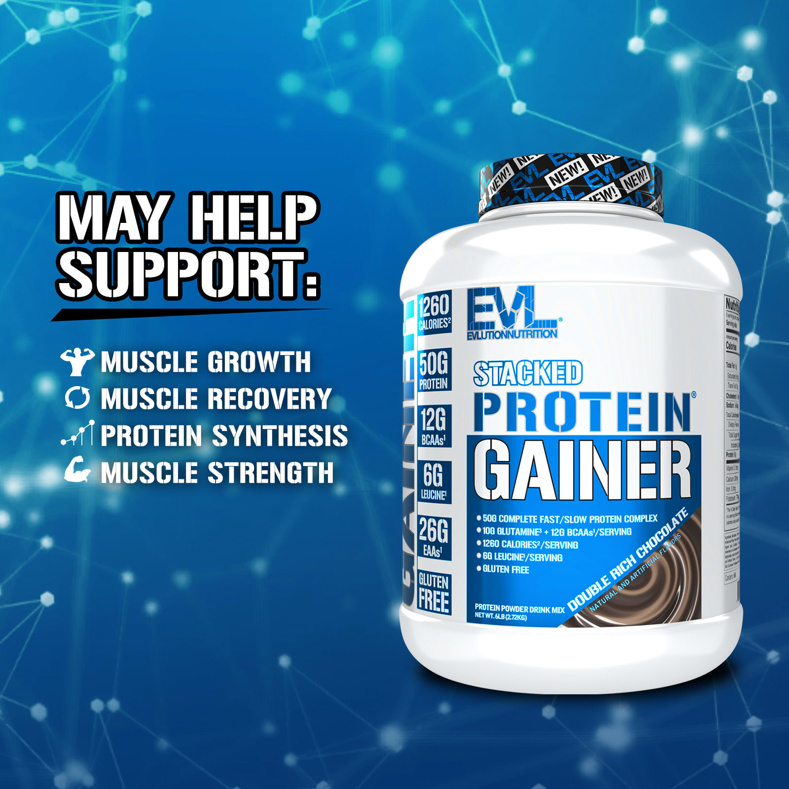 EVLution Nutrition, Stacked Protein Gainer, Double Rich Chocolate, 6 lbs (2.72 kg) - Image 3