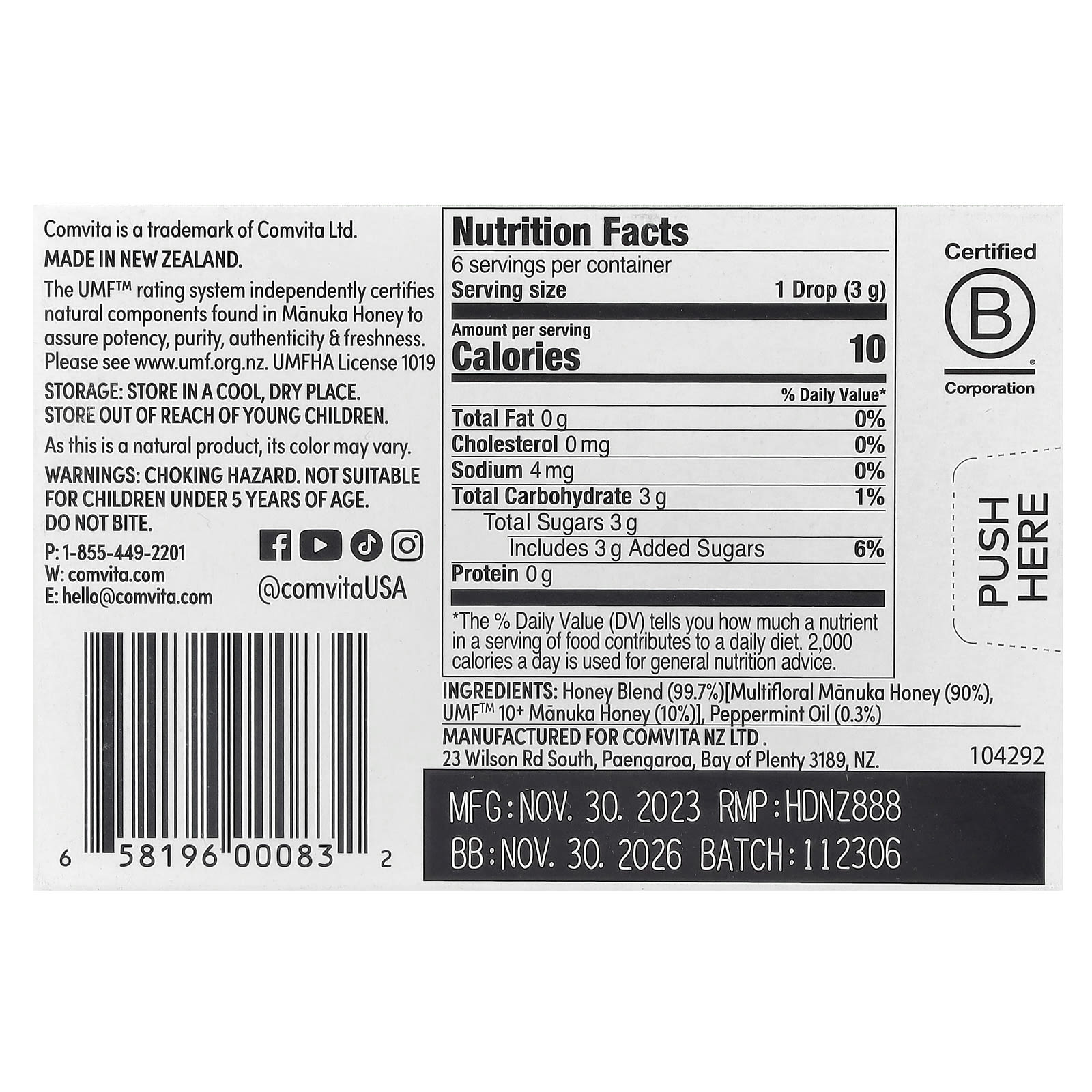 Comvita, Manuka Honey Drops, Peppermint, 6 Drops, 0.63 oz (18 g) - Image 2