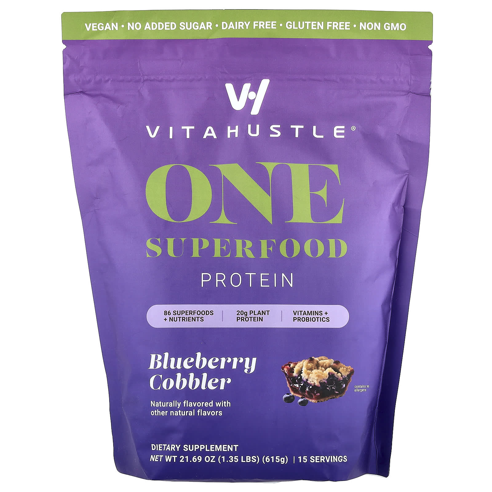 VitaHustle, One Superfood Protein, Blueberry Cobbler, 1.35 lbs (615 g)