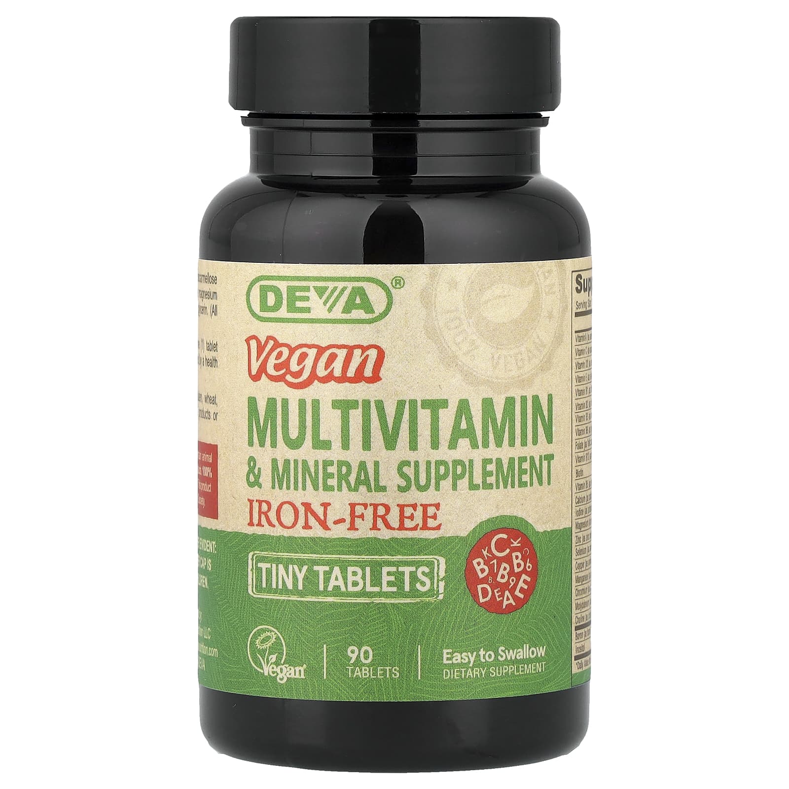 Deva, Vegan Multivitamin & Mineral Supplement, Iron-Free, 90 Tiny Tablets