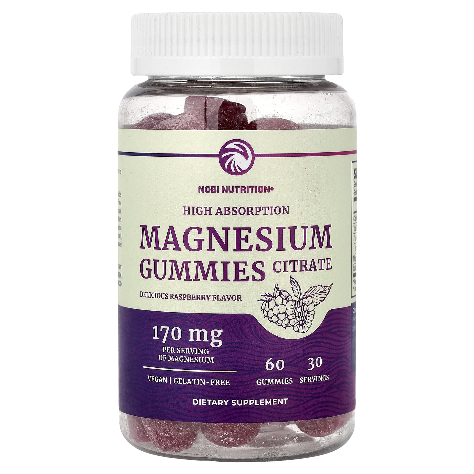 Nobi Nutrition, Magnesium Citrate Gummies, High Absorption, Raspberry, 60 Gummies (85 mg per Gummy)