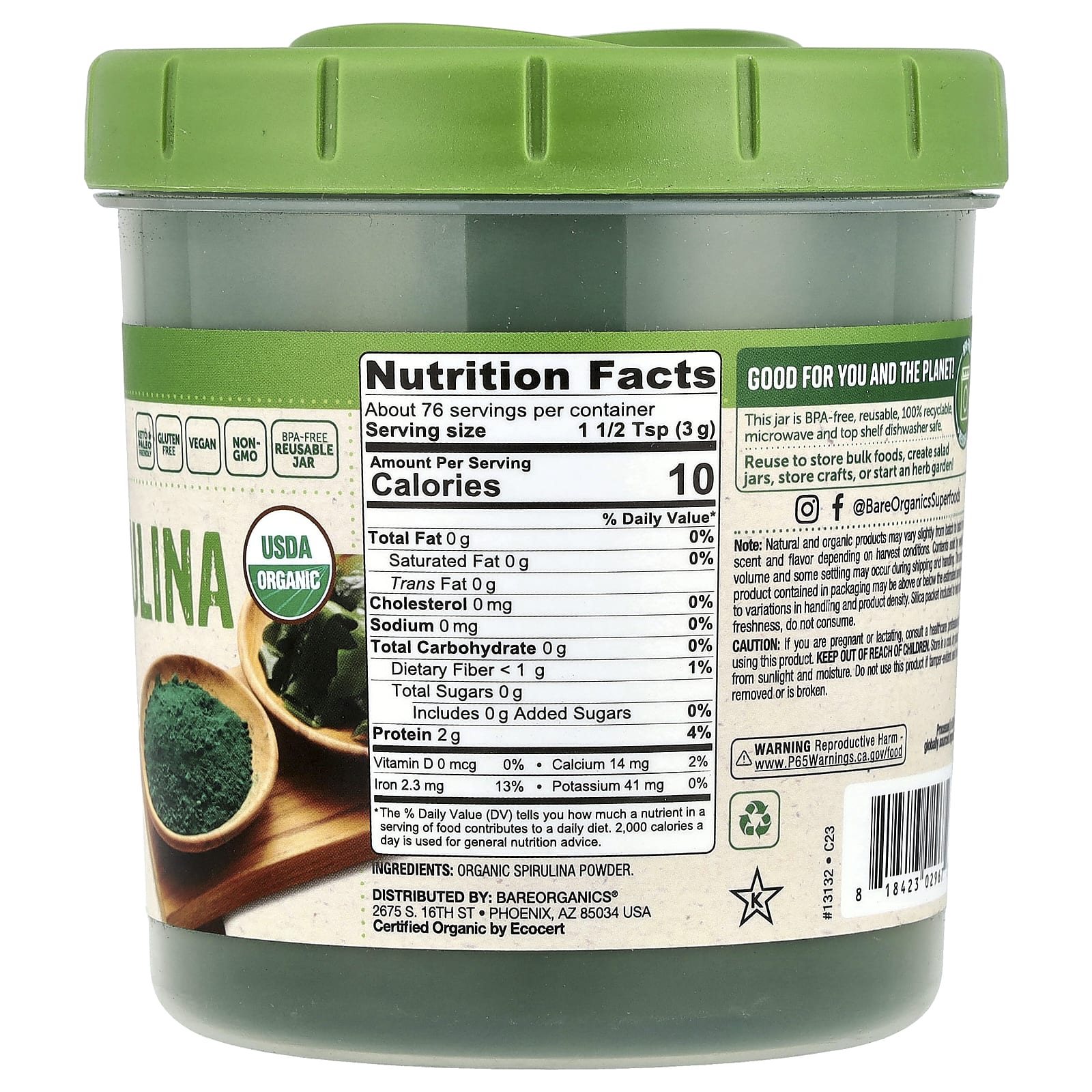 BareOrganics, Organic Spirulina Powder , 8 oz (227 g) - Image 2