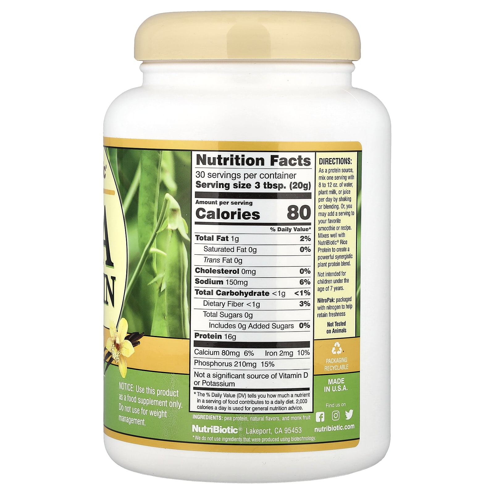 NutriBiotic, Pea Protein Powder, Vanilla , 21.16 oz (600 g) - Image 2