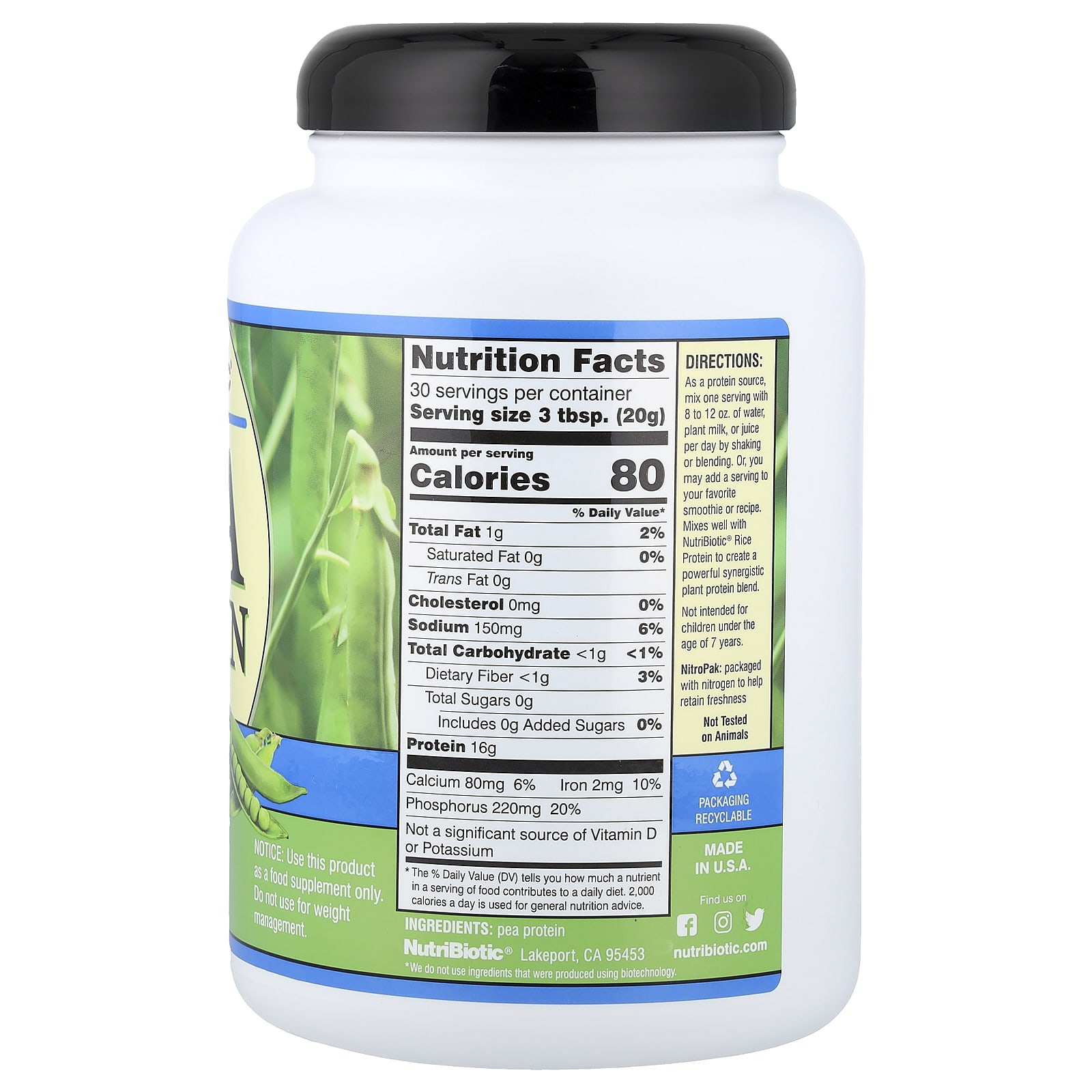NutriBiotic, Pea Protein Powder, Plain, 1 lb 5.16 oz (600 g) - Image 2