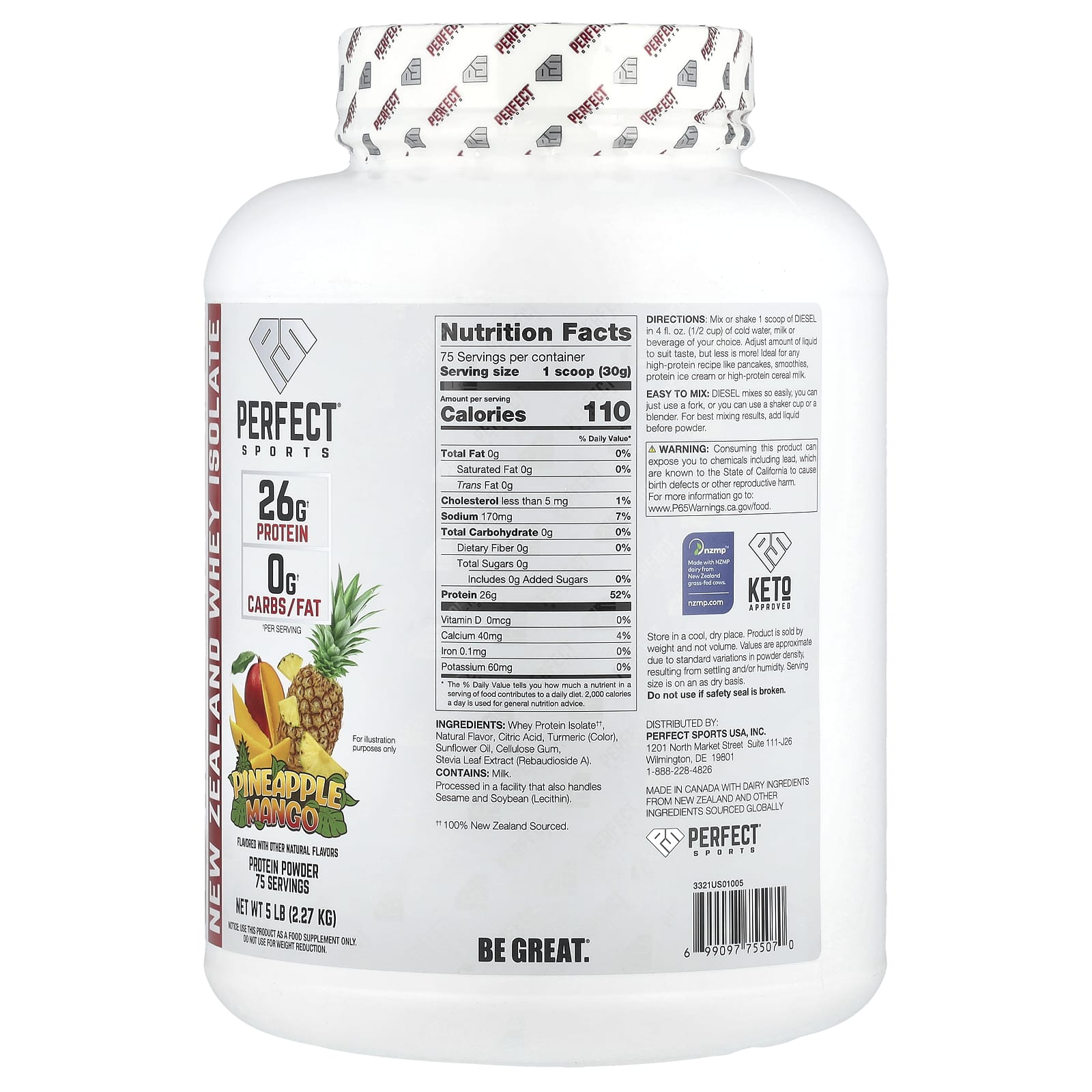 PERFECT Sports, Diesel®, New Zealand Whey Isolate, Pineapple Mango, 5 lb (2.27 kg) - Image 2