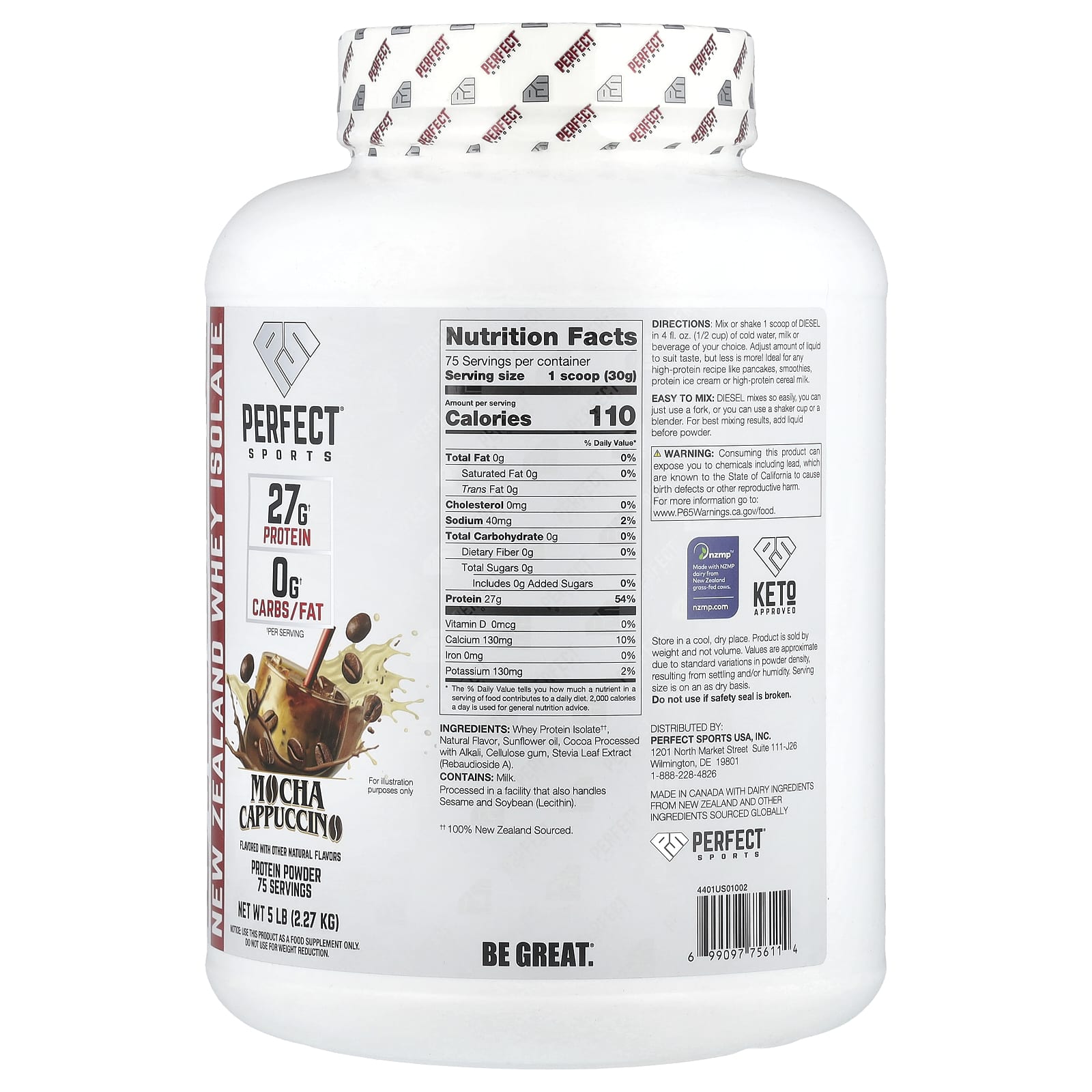 PERFECT Sports, Diesel®, New Zealand Whey Isolate, Mocha Cappuccino, 5 lb (2.27 kg) - Image 2