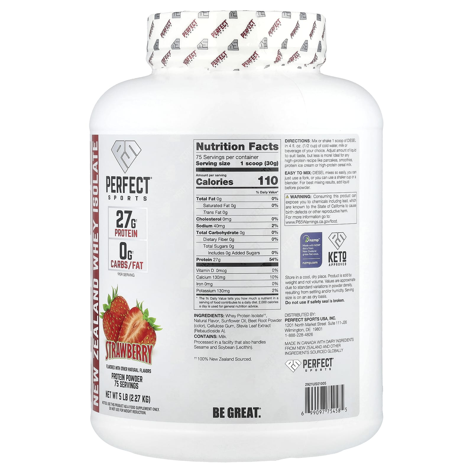 PERFECT Sports, Diesel®, New Zealand Whey Isolate, Strawberry, 5 lb (2.27 kg) - Image 2