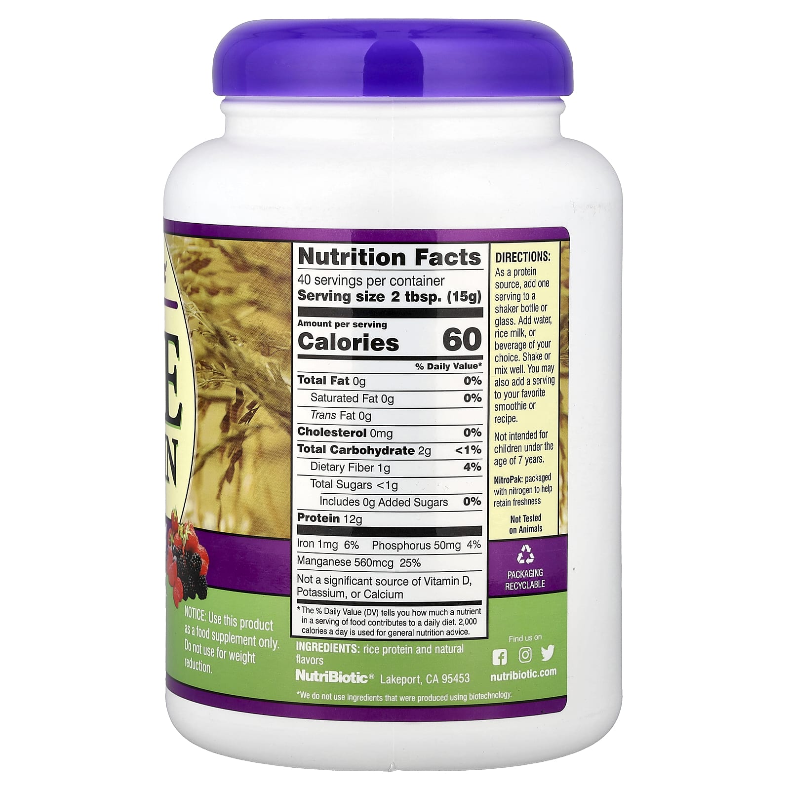 NutriBiotic, Rice Protein Powder, Mixed Berry, 1 lb, 5.16 oz (600 g) - Image 2