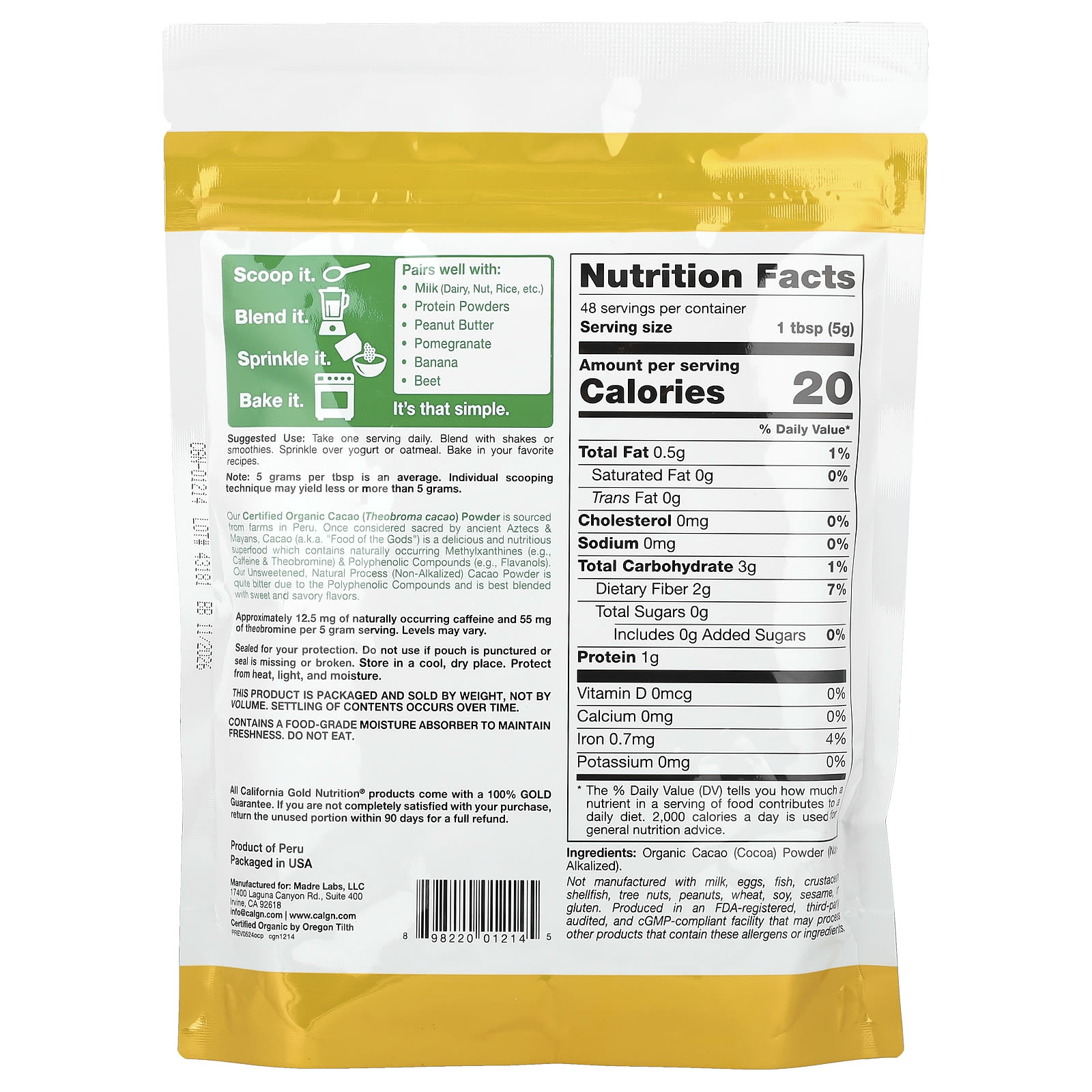 California Gold Nutrition, Superfoods, Organic Cacao Powder, 8.5 oz (240 g) - Image 2