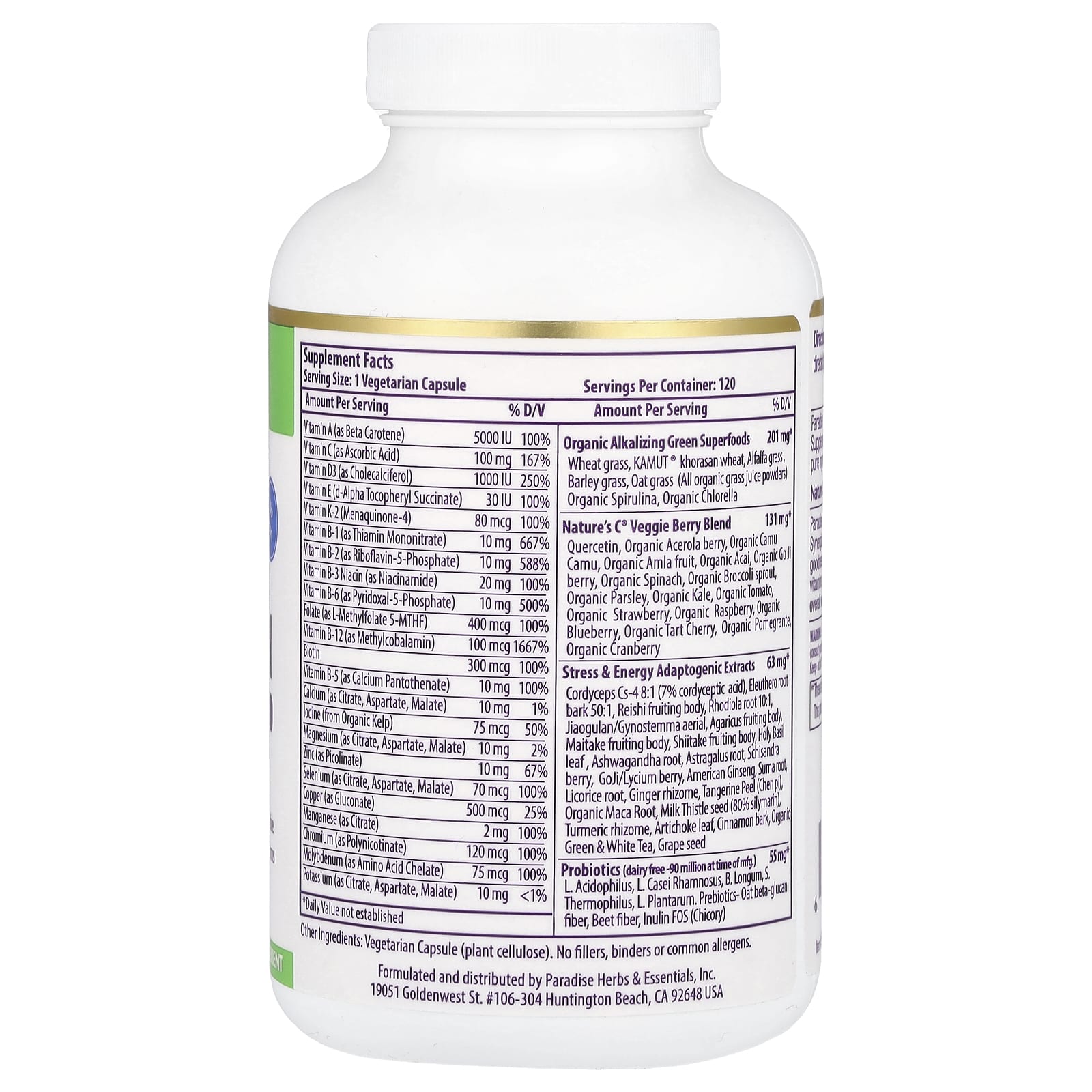 Paradise Herbs, Earth's Blend®, One Daily Superfood Multi-Vitamin, No Iron, 120 Vegetarian Capsules - Image 2