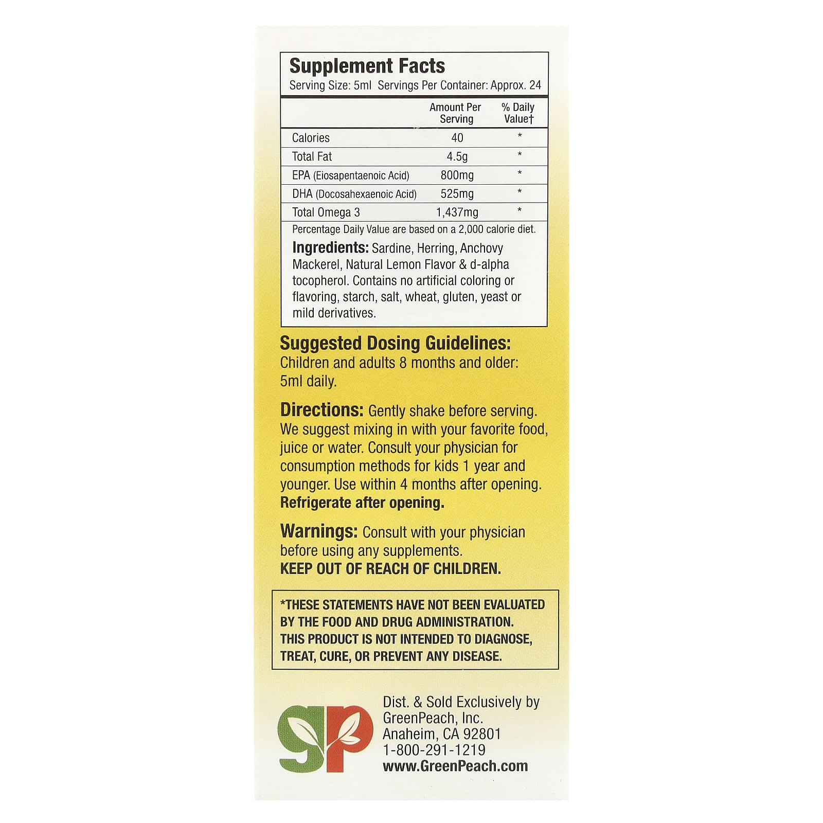GreenPeach, Omega 3 EPA & DHA, Lemon, 4 fl.oz (118.3 ml) - Image 2