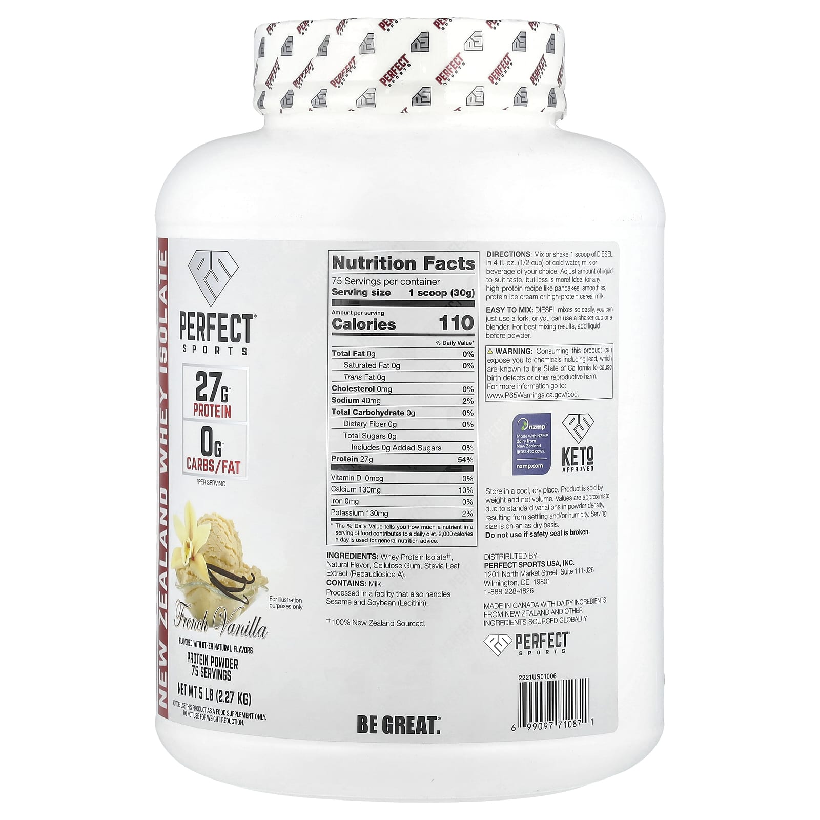 PERFECT Sports, Diesel®, New Zealand Whey Isolate, French Vanilla, 5 lb (2.27 kg) - Image 2
