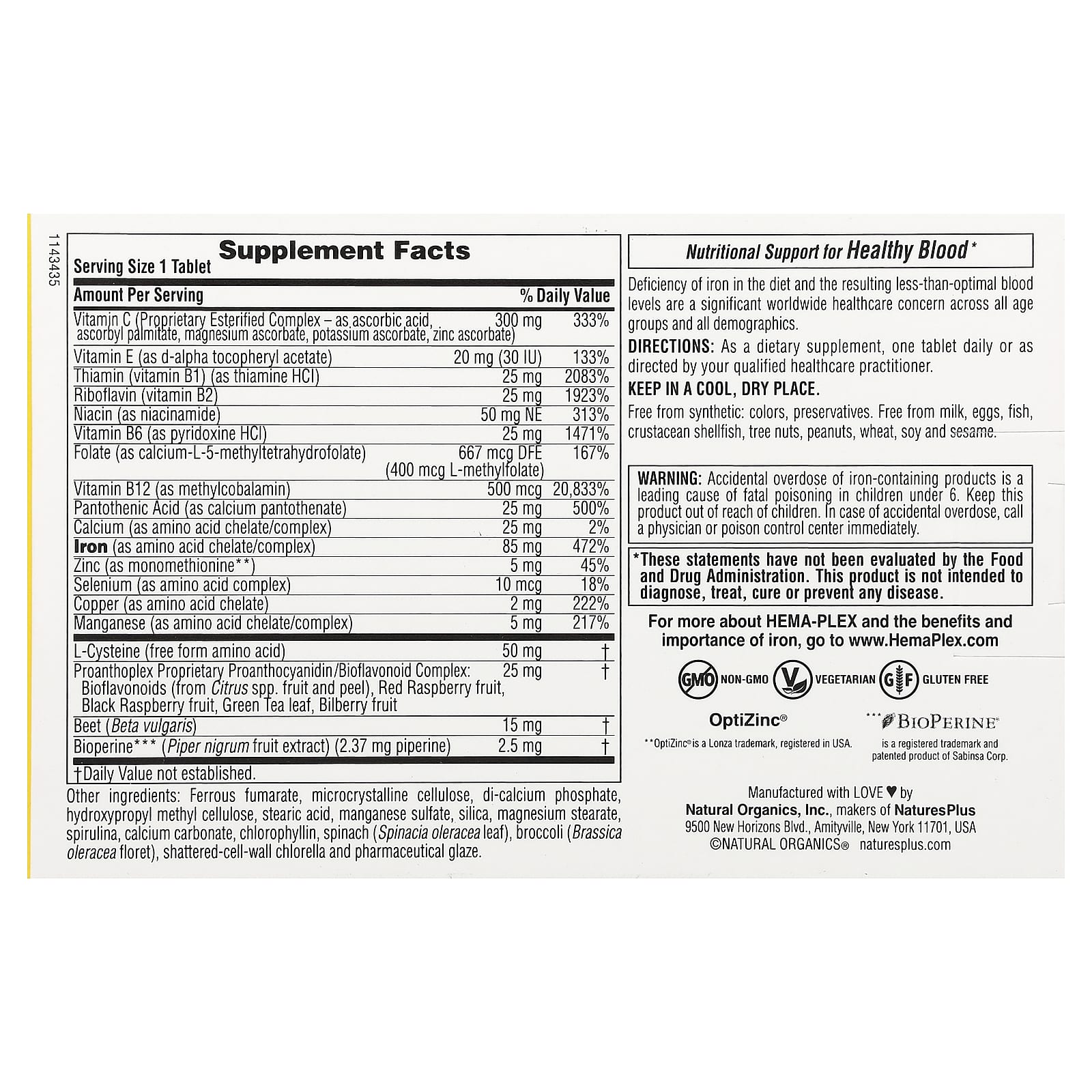 NaturesPlus, Hema-Plex®, Iron with Essential Nutrients for Healthy Red Blood Cells , 10 Slow Release Tablets - Image 2