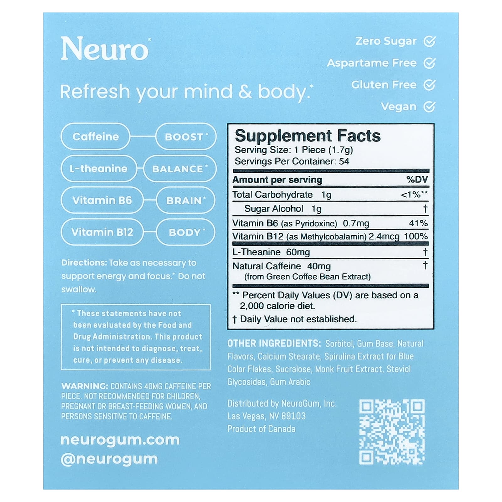 NeuroGum, Energy & Focus Gum, Peppermint, 6 Packs, 9 Pieces Each - Image 3
