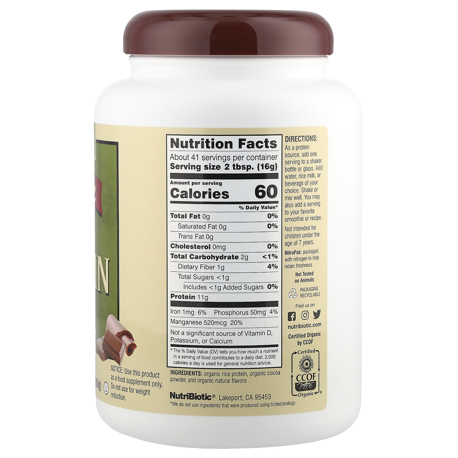 NutriBiotic, Organic Rice Protein Powder, Chocolate, 1 lb 6.93 oz (650 g) - Image 2
