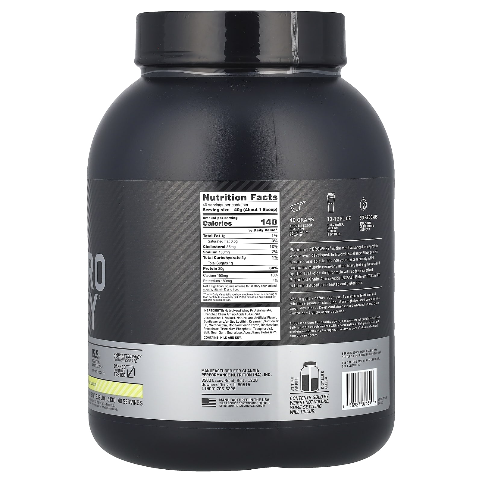 Optimum Nutrition, Platinum Hydro Whey®, Velocity Vanilla, 3.52 lb (1.6 kg) - Image 2