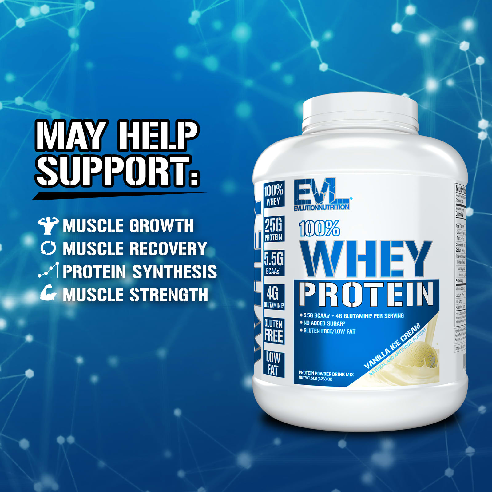 EVLution Nutrition, 100% Whey Protein, Vanilla Ice Cream, 5 lb (2,268 kg) - Image 3