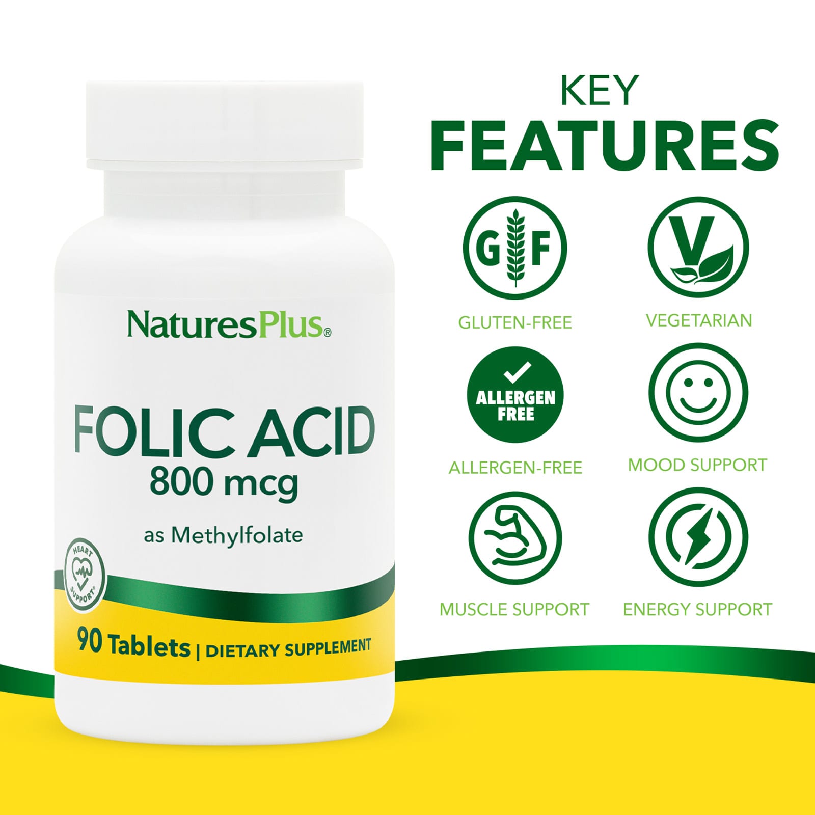 NaturesPlus, Folic Acid as Methylfolate , 800 mcg, 90 Tablets - Image 3