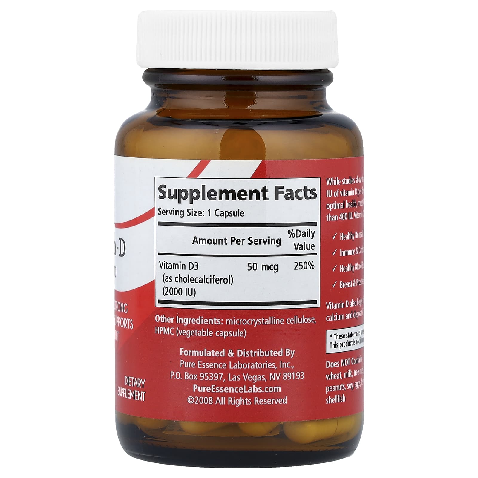 Pure Essence, Vitamin-D, 2,000 IU, 30 Vegi-Caps - Image 2
