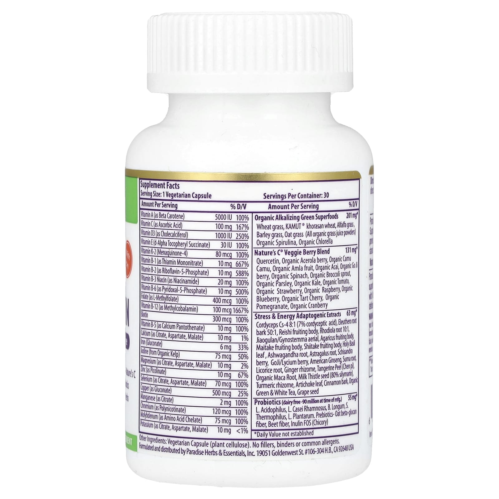 Paradise Herbs, Earth's Blend, One Daily Superfood Multi-Vitamin with Iron, 30 Vegetarian Capsules - Image 2