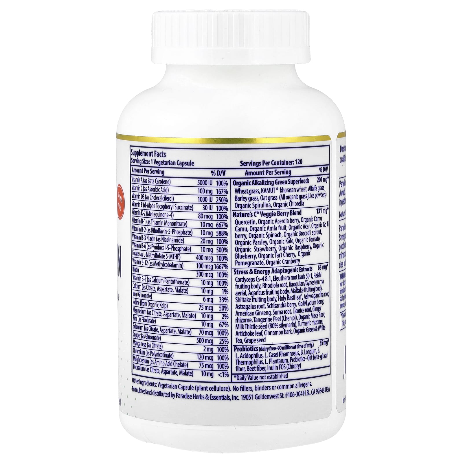 Paradise Herbs, Earth's Blend, One Daily Superfood Multi-Vitamin with Iron, 120 Vegetarian Capsules - Image 2