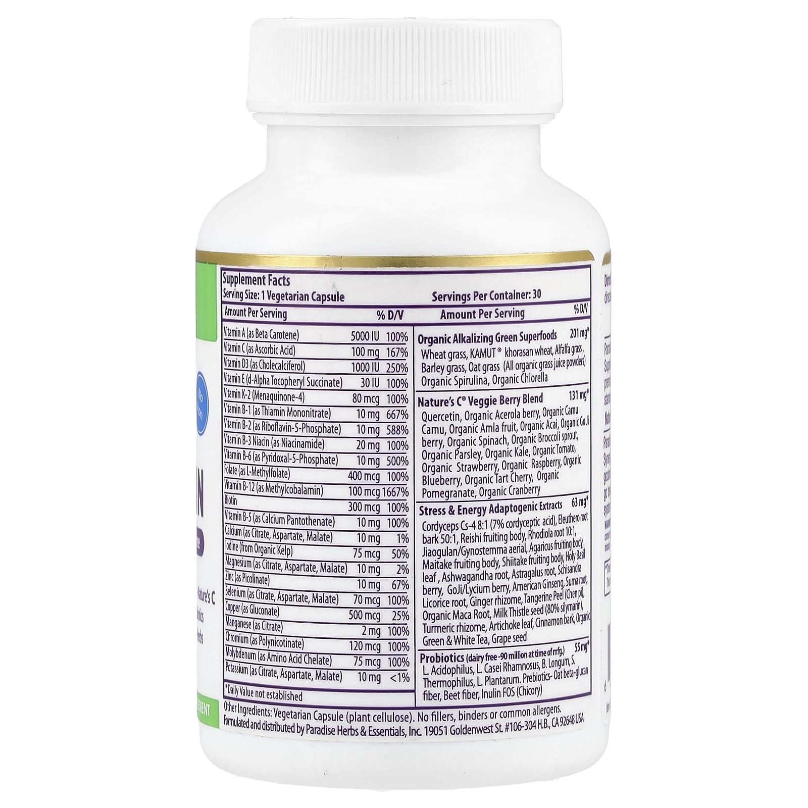 Paradise Herbs, Earth's Blend, One Daily Superfood Multi-Vitamin, No Iron, 30 Vegetarian Capsules - Image 2