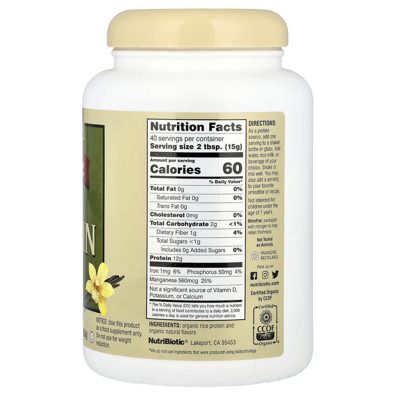 NutriBiotic, Organic Rice Protein Powder, Vanilla, 1 lb 5.16 oz (600 g) - Image 2