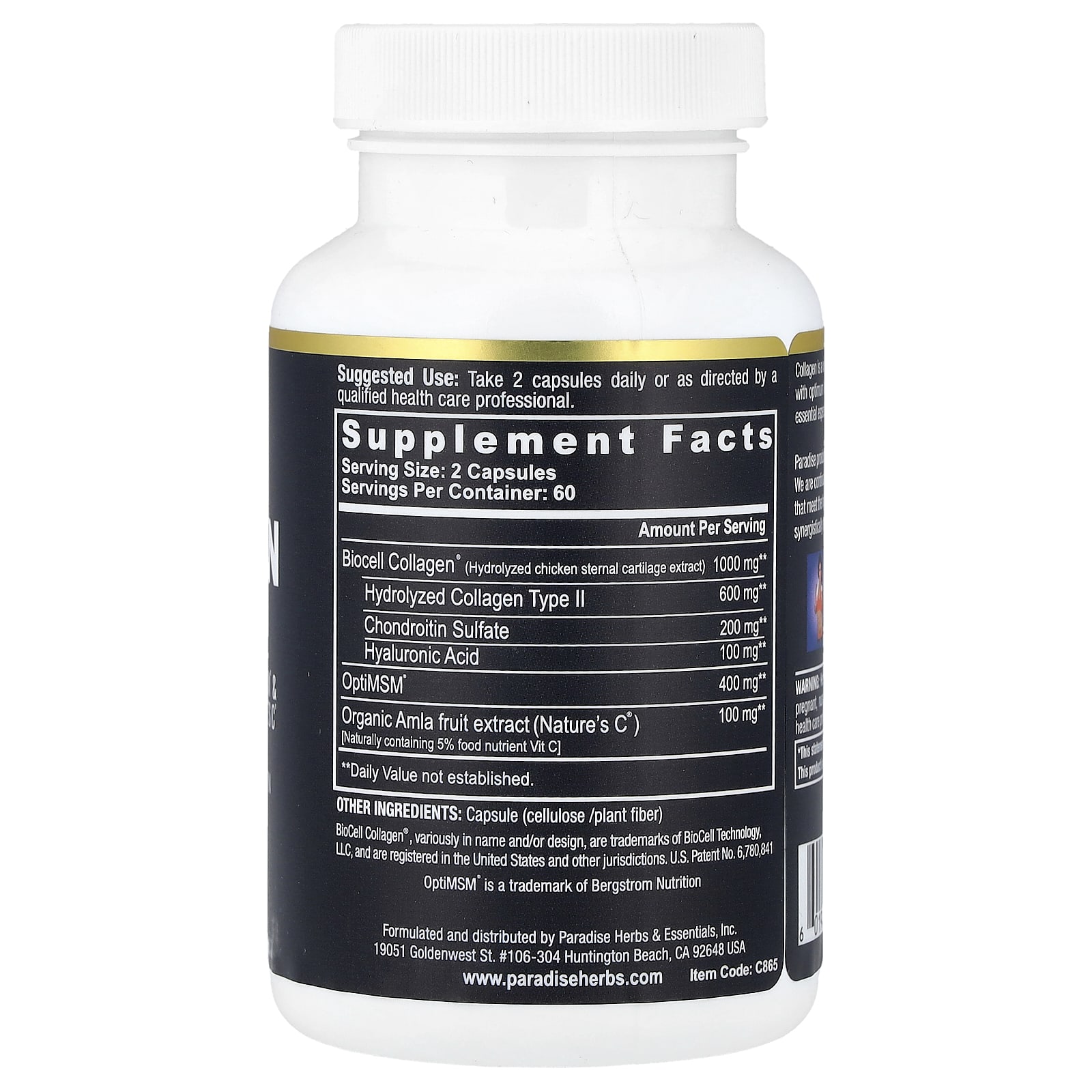 Paradise Herbs, Collagen Extreme® with BioCell Collagen®, OptiMSM® & Nature's C®, 120 Capsules - Image 2