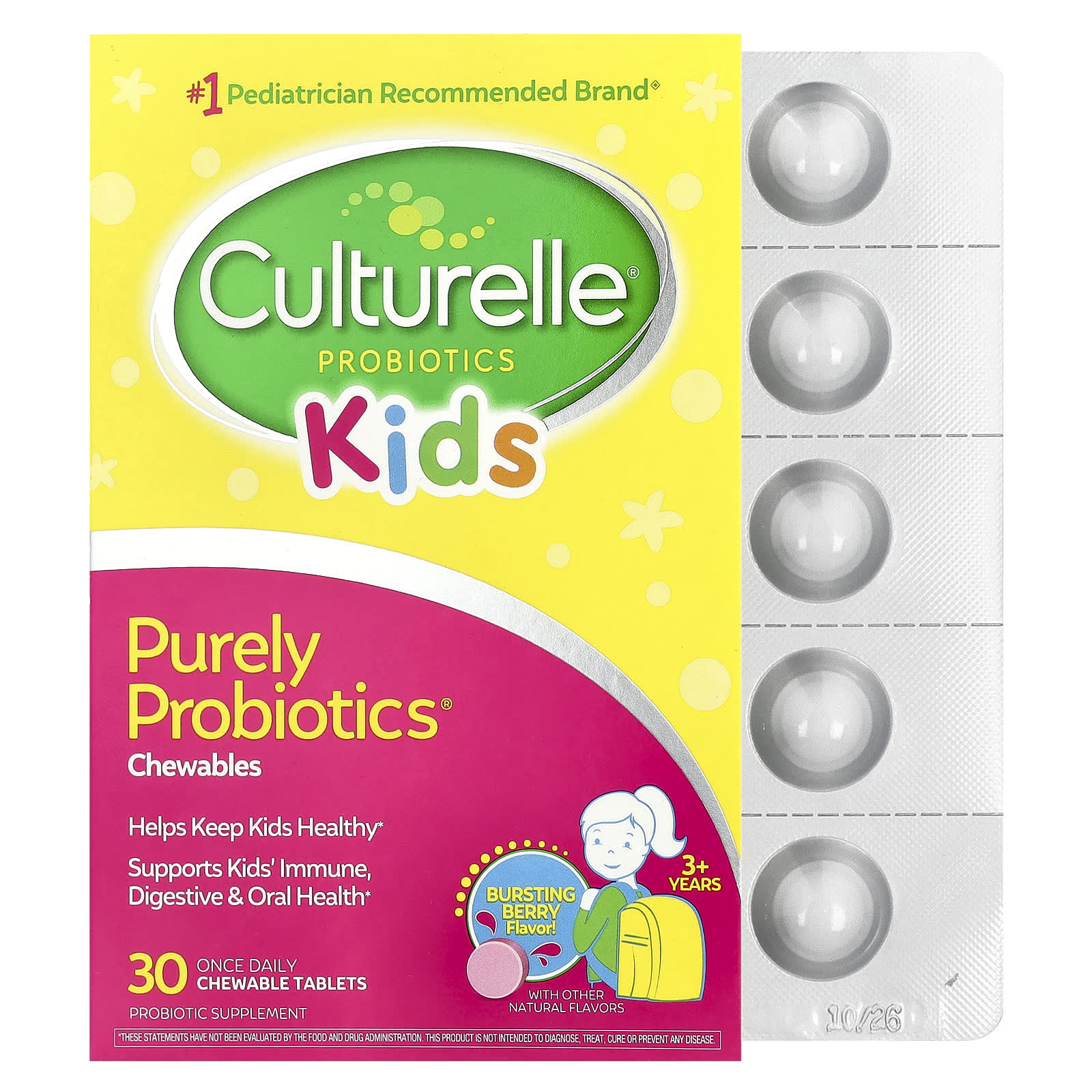 Culturelle, Kids, Purely Probiotics® Chewables, 3+ Years, Bursting Berry, 30 Chewable Tablets (25 mg Per Tablet)