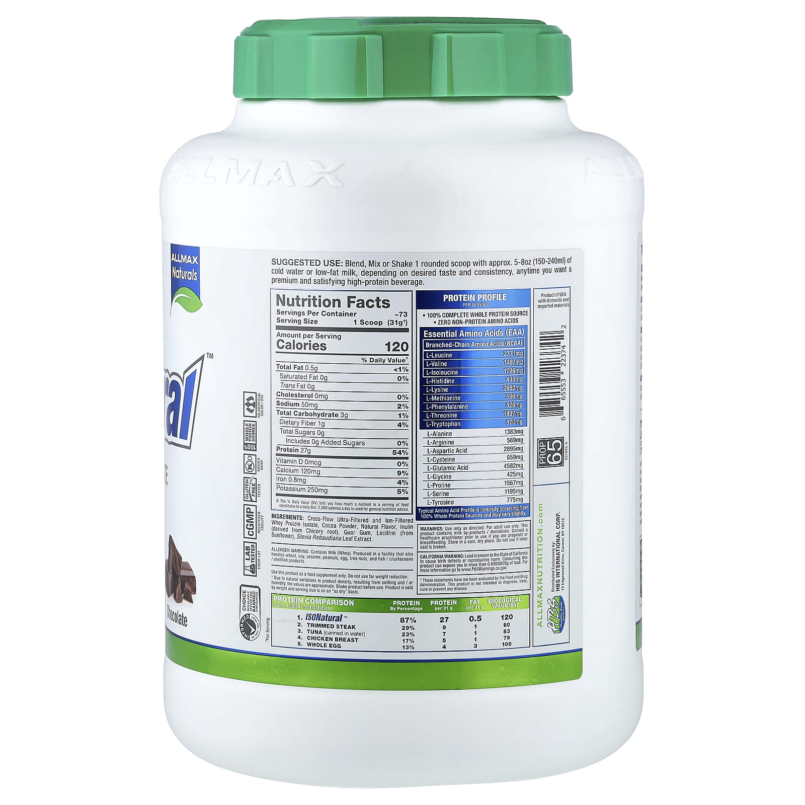 ALLMAX, ISONatural™, Whey Protein Isolate, Chocolate, 5 lbs (2.27 kg) - Image 2