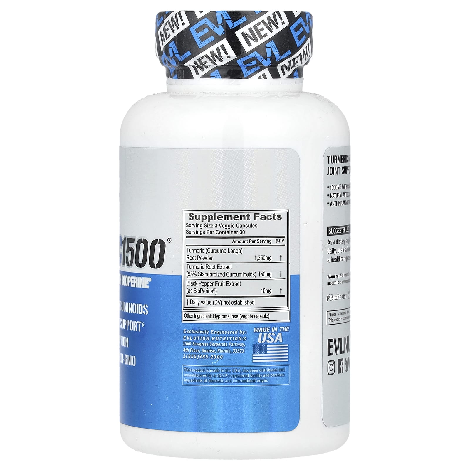 EVLution Nutrition, Turmeric 1500®, Turmeric Curcumin with BioPerine®, 90 Veggie Capsules - Image 2
