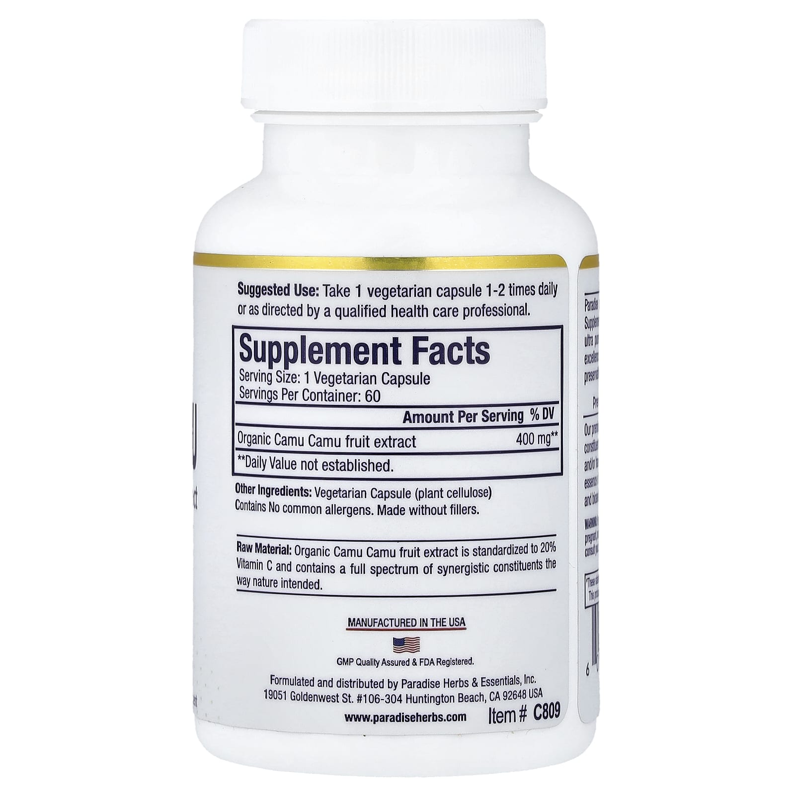Paradise Herbs, Camu Camu Extract, 400 mg, 60 Vegetarian Capsules - Image 2