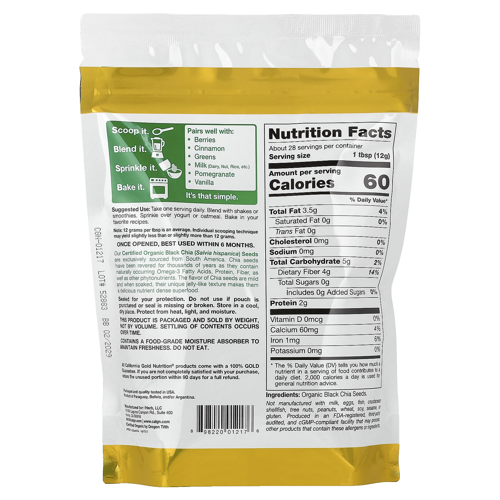 California Gold Nutrition, Superfoods, Organic Chia Seeds, 12 oz (340 g) - Image 2