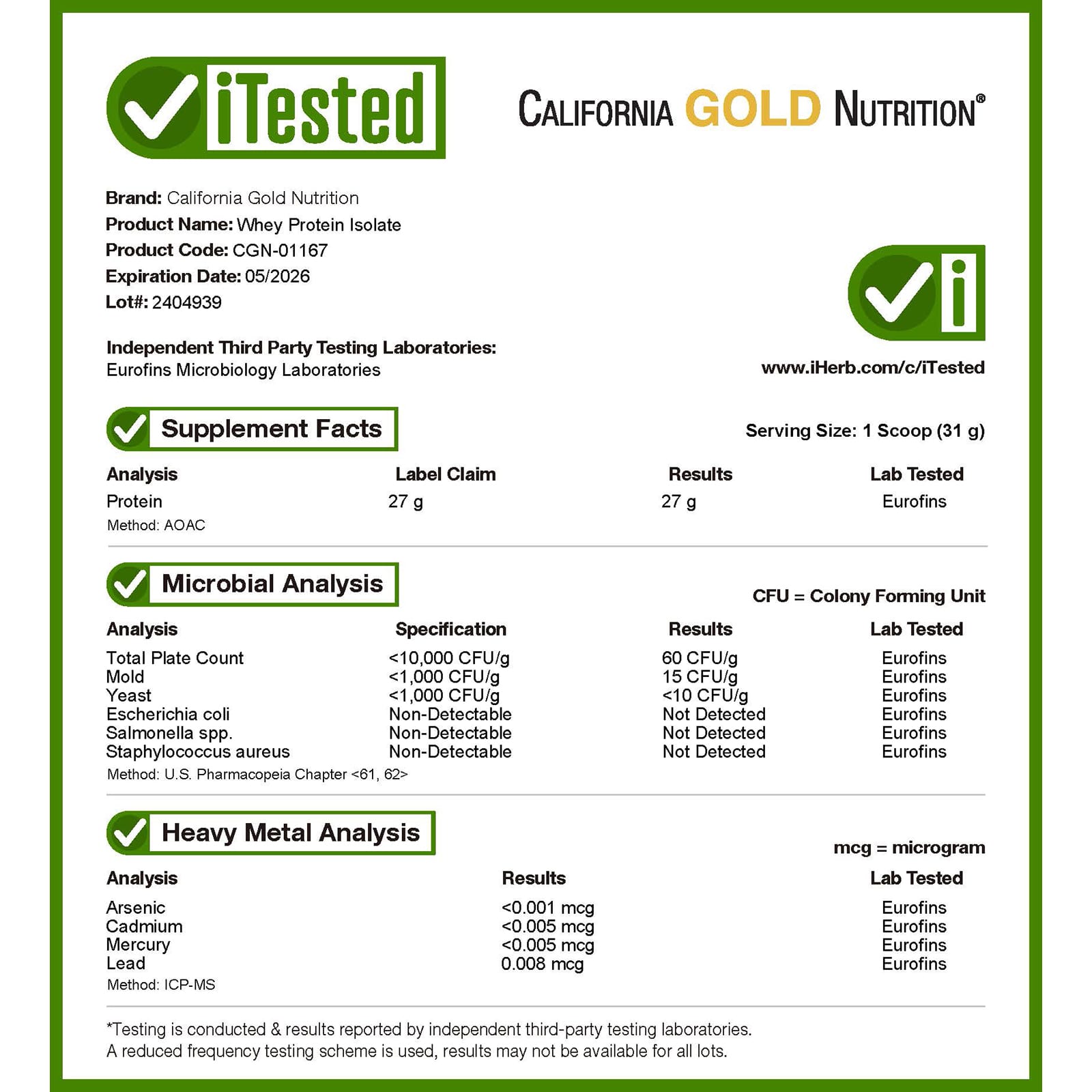 California Gold Nutrition, Sport, Whey Protein Isolate, Unflavored, 5 lb (2.27 kg) - Image 8