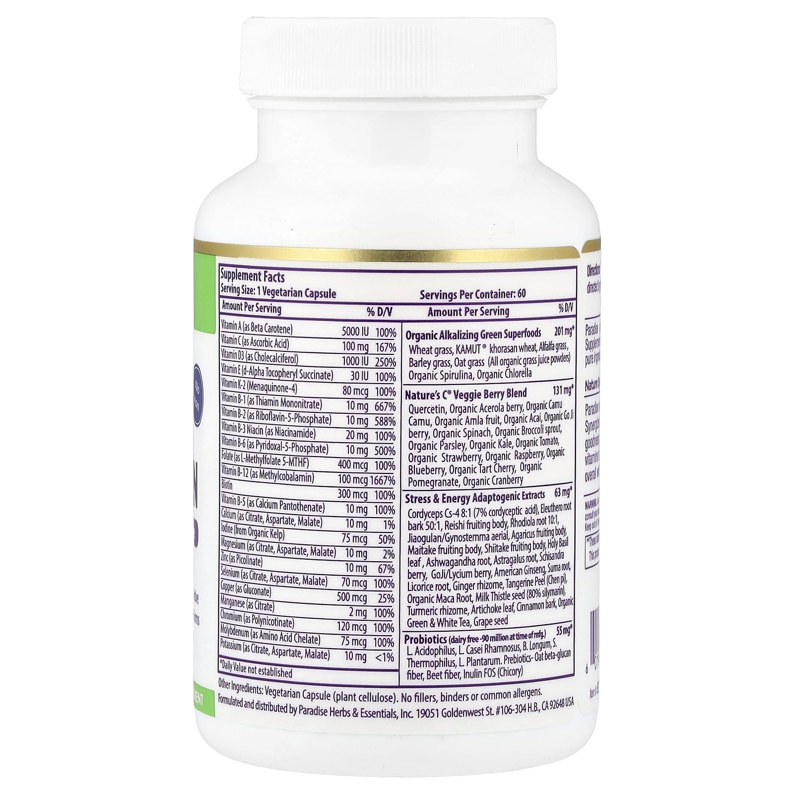 Paradise Herbs, Earth's Blend ®, One Daily Superfood Multi-Vitamin, No Iron, 60 Vegetarian Capsules - Image 2