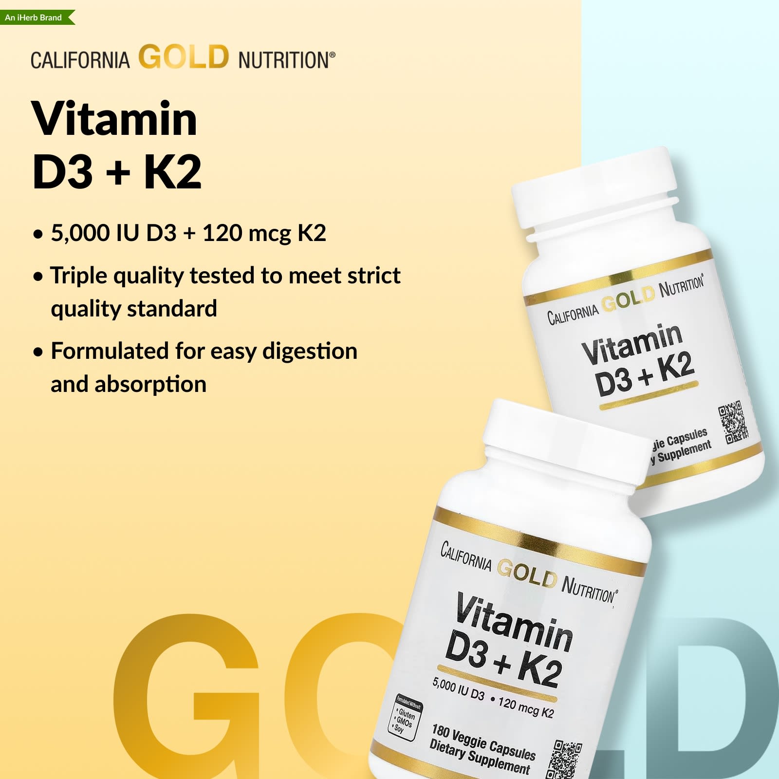 California Gold Nutrition, Vitamin D3 + K2 as MK-7, 60 Veggie Capsules - Image 4