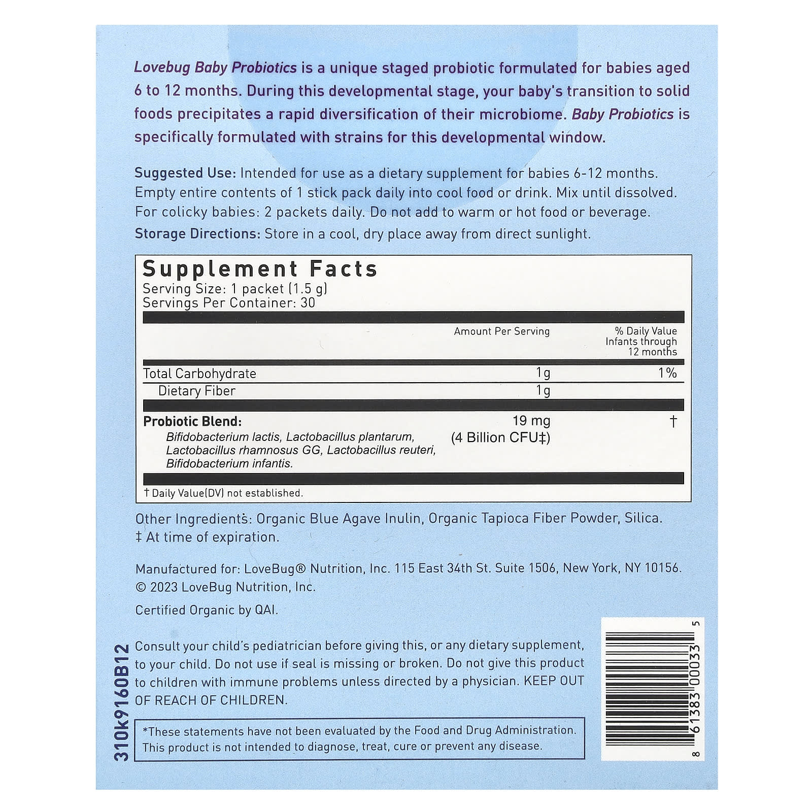 LoveBug Probiotics, Baby Probiotics, 6-12 Months, 4 Billion CFU, 30 Single Serve Stick Packs - Image 2